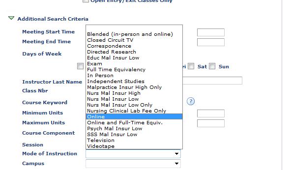 Additional search criteria available to refine courses